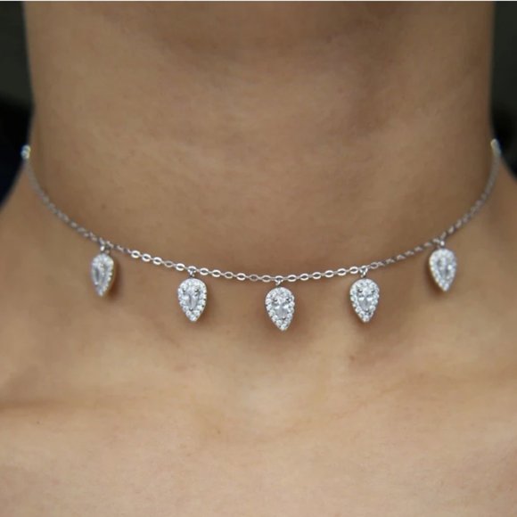 925 Diamond CZ Tear Drop Charm Necklace Choker 258 - Picture 3 of 5